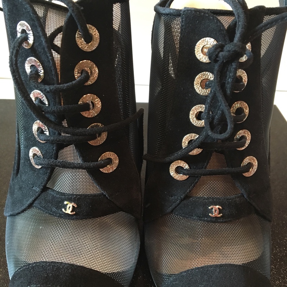 CHANEL Black Mesh Lace-Up Open-Toe Heels - Picture 5 of 8